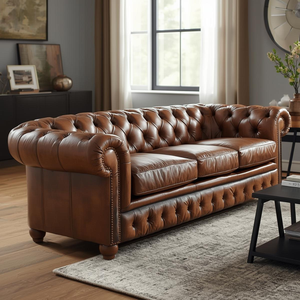 Sofá Chesterfield de Cuero Marrón Vintage de Lujo, 3 Plazas, con Respaldo Acolchado con Botones, Sofá Clásico para Sala de Estar, Oficina, Vestíbulo de Hotel - Product Image 1