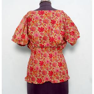 All Seasons <b>Indian</b> Cotton <b>Top</b> Women O-Neck Detailing Puff Sleeve Floral Print Eco-Friendly Breathable Elastic Waistline <b>top</b> - Product Image 6