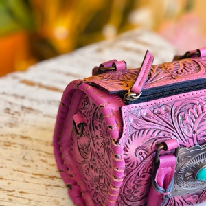 Women's Travel Accessories Pink Color Genuine Leather Mini Speedy Duffle <b>Bag</b> With Tooling Florals Carved Stone <b>Studded</b> In Middle - Product Image 2