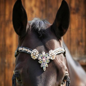 Bride de dressage artisanale en cuir rembourré, élégante, luxueuse, avec cristaux floraux colorés en forme de V, pour cheval. - Product Image 5