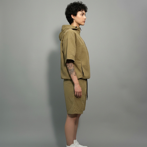 Men's Olive Green Hooded Zip-Up Short Sleeve Jacket and Shorts <b>Set</b> Casual Breathable Summer Outfit Solid Color Polyester - Product Image 3