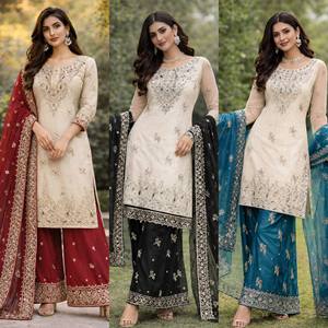 Elegant Cream Embroidered <b>Kurta</b> With Black Palazzo And Dupatta <b>For</b> <b>Women</b> Traditional Indian Pakistani Wedding Wear - Product Image 2