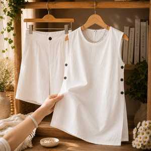 Women's <b>Linen</b> 2 Piece <b>Set</b> Sleeveless Top Shorts Solid White Casual Loose Fit Spring Summer Breathable O-Neck Button Detail - Product Image 2