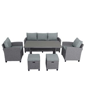 Set di Mobili da Giardino in Rattan Grigio a 6 Pezzi, Divano, Sedie, Sgabelli e Tavolo con Cuscini Grigi per Esterni - Product Image 4