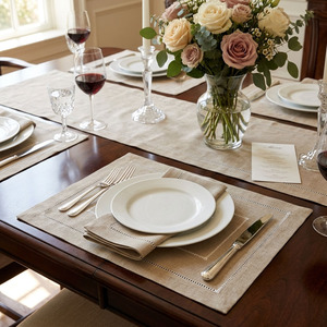 Custom Wholesale Luxury Double Hemstitch Handmade Embroidery Classic <b>Placemats</b> Napkins Sets Natural Linen Trays Thin Washable - Product Image 4