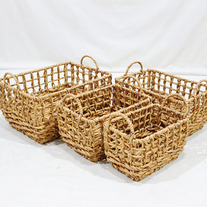 <b>Rectangular</b> Natural Water Hyacinth Eco-Friendly Simple Storage <b>Baskets</b> Set of 4 with Handles Rustic Multi-Purpose Neatening Bins - Product Image 6