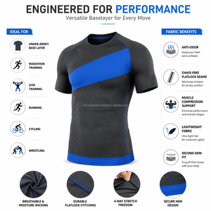 Camiseta de Compresión de Manga Corta para Hombre, Color Azul Gris, Bloques de Color, Secado Rápido, Top Deportivo para Gimnasio, Ajuste Atlético - Product Image 6