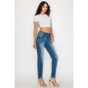 Jean en denim stretch bleu foncé taille haute coupe slim pour femme - Product Image 3