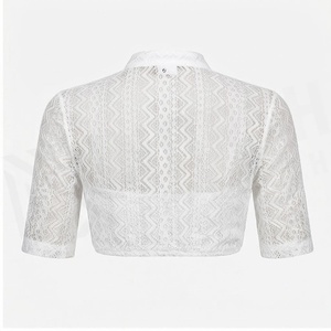 North Approach <b>White</b> <b>Lace</b> Crop Top Stand Collar Three Quarter Sleeve Button Front Geometric Pattern Breathable Women's Fashion - Product Image 2