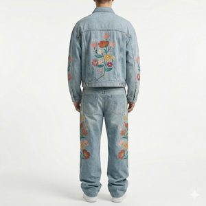 ชุดแจ็คเก็ตยีนส์เดนิมผู้ชาย สไตล์สตรีทแวร์ ชุดสองชิ้น ผ้าหนาปักลายปักกลางตัวเสื้อ ซักแบบ Stone Washed รับผลิตตามแบบ OEM ODM ขายส่ง - Product Image 3