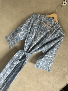 Hand Block Printed Floral V-neck Cotton <b>Kimono</b> Women Full Length Belted Robe Spring Summer <b>Beach</b> Cover Casual Resort Wear - Product Image 4