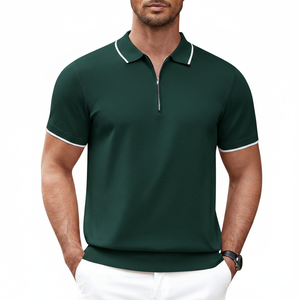 T-shirt zippé pour homme 100 % polyester 200 g respirant tricoté à manches courtes col décontracté pull-over pour l'été - Product Image 1