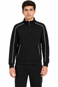 Ensemble de survêtement pour homme noir à fermeture éclair intégrale avec bande blanche, style sportif et athlétique, coupe régulière, poches latérales, idéal pour l'automne - Product Image 4