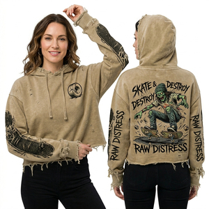 Custom Mint Green Hoodie Women Mineral Wash Fleece Pullover Crystal Skull Graphic Print Cracked Sleeve <b>Aesthetic</b> Streetwear <b>Top</b> - Product Image 2