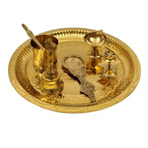 Traditional Handcrafted Swasthika Brass Puja Pooja Thali Arati Arathi Arthi Arti Arathi Bartan Thambulam Plate <b>Set</b> - Product Image 1