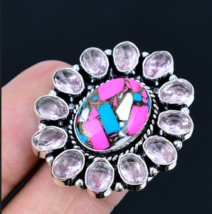 Boho Pink Mosaic Gemstone Floral <b>Statement</b> <b>Ring</b> Vintage Silver Handmade Cocktail Jewelry for Women - Product Image 2