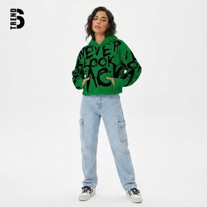 Green Oversized Crop Hoodie With Dripping Print Never Look Back Streetwear Unisex Knitted Cotton Sweatshirt - Product Image 3