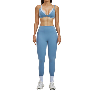 Custom Logo Front Women Solid Contrast Color Strappy Sportswear Workout <b>Gym</b> Fitness Yoga Bra <b>Set</b> High Waist Breathable Leggings - Product Image 6