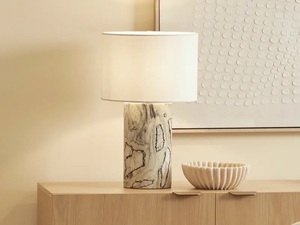 Luxury Pattern Marble Table <b>Lamp</b> With Distinctive Natural Stone Veining Premium Drum Shade Soft Ambient Illumination - Product Image 6
