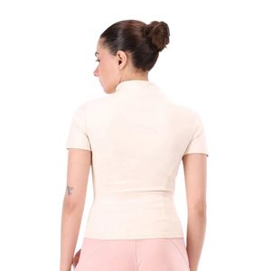 Camiseta corta de manga corta rosa claro para mujer, con cuello simulado y cremallera, ajustada, de cuello alto, informal, estilo minimalista para el día a día - Product Image 6
