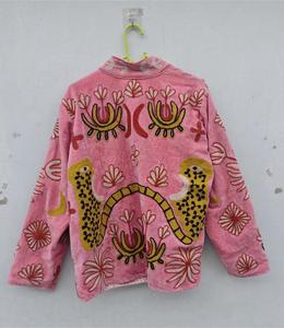 <b>Women</b> Pink <b>Velvet</b> Embroidered Suzani Jacket With Floral And Tiger Pattern Full Sleeve Stand Collar Bohemian <b>Women</b> Winter <b>Coat</b> - Product Image 6