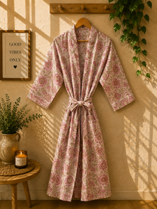 Vente en gros de robes kimono en coton pour femmes |   Col en V imprimé floral avec fermeture à cordon |   Manches 3/4, longueur cheville, respirant, été - Product Image 2