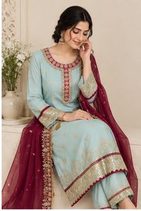 Embroidered Georgette Indian Pakistani <b>Kurta</b> Sharara Dupatta Set <b>Women</b> Ethnic Outfit Wedding Party Wear Knee-Length Quick Dry - Product Image 5