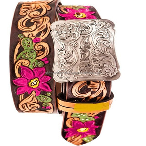Custom Made Full Grain Single Layer Men's Fashion Western Leather Tooling Belt with Nickel Plated Alloy Zinc Floral Buckle - Product Image 1