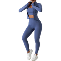 Blauwe 2-delige yogaset Hoge taille legging Crop top Volledige mouw Rits aan de voorkant Naadloze activewear Dames sportkleding
