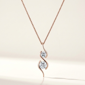 Collier pendentif en or rose 10K avec deux pierres en forme de spirale en S et diamants de laboratoire, cadeau minimaliste pour fiançailles et soirées - Product Image 1