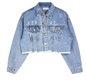 Veste en jean courte pour femme avec ourlet effiloché, manches longues, col rabattu, en coton délavé, style printemps - Product Image 6