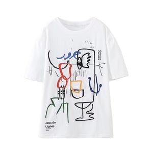 Women's White Cotton T-Shirt With Hand-<b>Drawn</b> Abstract <b>Art</b> Print Crew Neck Loose Fit Casual Short Sleeve All Seasons - Product Image 1