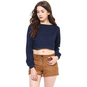 Women's <b>Navy</b> Blue Cropped Long Sleeve Sweatshirt O-Neck Knitted Cotton Casual <b>Top</b> Summer Wear - Product Image 1