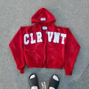 Ensemble sweat à capuche zippé et survêtement épais délavé à l'acide, avec patch brodé vieilli, style streetwear vintage pour homme - Product Image 5