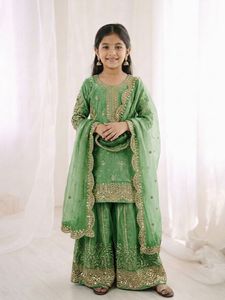 Fendy <b>Silk</b> <b>Kurta</b> Palazzo Set with Dupatta Embroidered Sequence Work Ethnic Wear Festive Wedding Party Outfit for Girls - Product Image 6