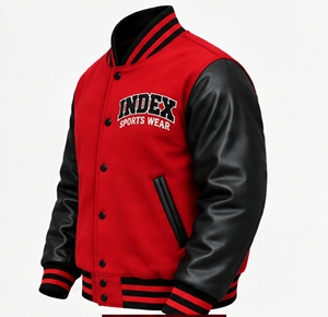 Chaqueta Varsity Roja para Hombre INDEX, Mangas de Cuero PU, Logotipo Bordado, Cuello Camisero, Cierre de Botones, Ropa de Otoño - Product Image 5