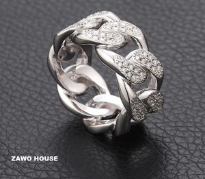 ZAWO HOUSE 925 Silver Rhodium & <b>Rose</b> Gold Plated Luxury Moissanite Claw Setting Cuban Band Ring Unisex - Product Image 1