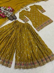 Ensemble Sharara Palazzo Kurti pour femme PinkCityBlocks, broderie indienne, dupatta, en soie Chinon, imprimé numérique, réversible, livraison rapide - Product Image 3