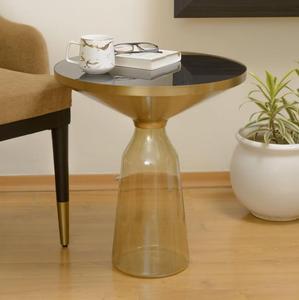 Contemporary Gold Pedestal Side Table with <b>Black</b> Glass Top Modern Living Room Accent Furniture - Product Image 2