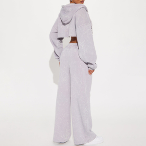 Ensemble de survêtement pour femmes grande taille, motif uni, effet délavé, polyester/coton, style streetwear, léger et élastique - Product Image 2