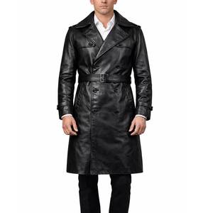 <b>Men</b> Genuine Leather Knee Length <b>Trench</b> <b>Coat</b> Notched Lapel Double Breasted With Belt Regular Fit - Product Image 1