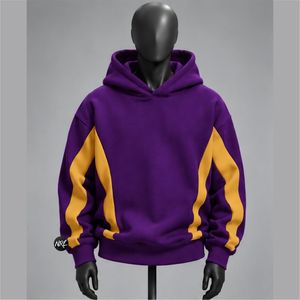 Mens Purple Gold Color Blocking Hooded Sweatshirt Custom Logo <b>Trendy</b> Regular Fit Casual Autumn Wear Travel Knitted Fleece <b>Hoodie</b> - Product Image 1