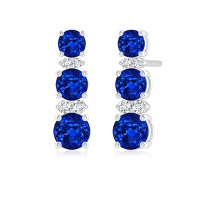 14Kt Solid Gold Natural <b>Blue</b> Sapphire Diamond Three Stone <b>Stud</b> <b>Earrings</b> Round Sapphire Fine Jewelry for Women Gift for Fiance - Product Image 1