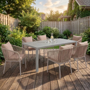 Ensembles de salle à manger en bois/aluminium OEM ODM, 4/6/8 places, table et chaises de patio extérieur, coussins personnalisés + couleurs + tissus + taille - Product Image 4
