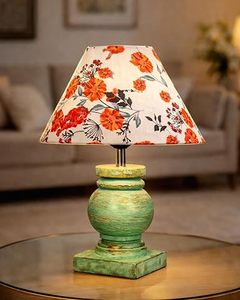 Lámpara de Mesa con Pantalla de Tela Floral Verde, Estilo Empire, Decorativa, para Dormitorio o Sala de Estar - Product Image 1
