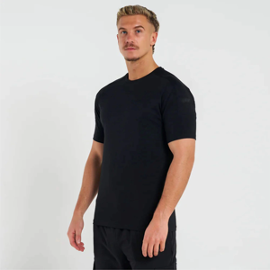 T-shirt en coton noir pour homme, coupe classique, col rond, manches courtes, décontracté, jersey uni, respirant, design tricoté, col rond, manches courtes - Product Image 3