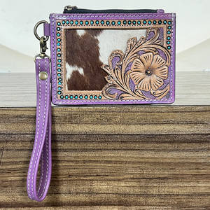 Multi Functional Hand Tooled Cowhide <b>Leather</b> Mini Card Holder <b>Wallet</b> High Quality Travel Credit Card Holder Wristlet Slim Clutch - Product Image 2