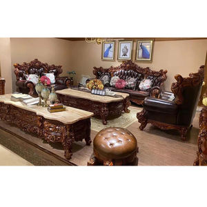 Juego de Sofás de Madera de Teca Tallada de Lujo Estilo Palacio, Sala de Estar Tradicional Personalizada, Cómoda y Duradera, Área de Descanso Acolchada - Product Image 1