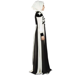 Robe longue élégante en mousseline noire et blanche, col rond, manches longues, coupe droite simple et naturelle pour femme - Product Image 2