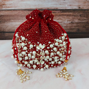 Whimsy Art Craft Handmade Cotton Dhatukala Royal Lucknowi <b>Chikankari</b> Potli Bags Beaded Handle Flap Closure Eco-Friendly Wedding - Product Image 6